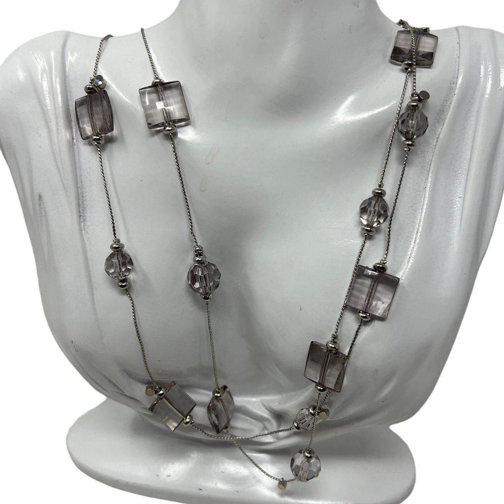 Boho Necklace Silver Tone Gray Acrylic Beaded Stations‎ 60 inches